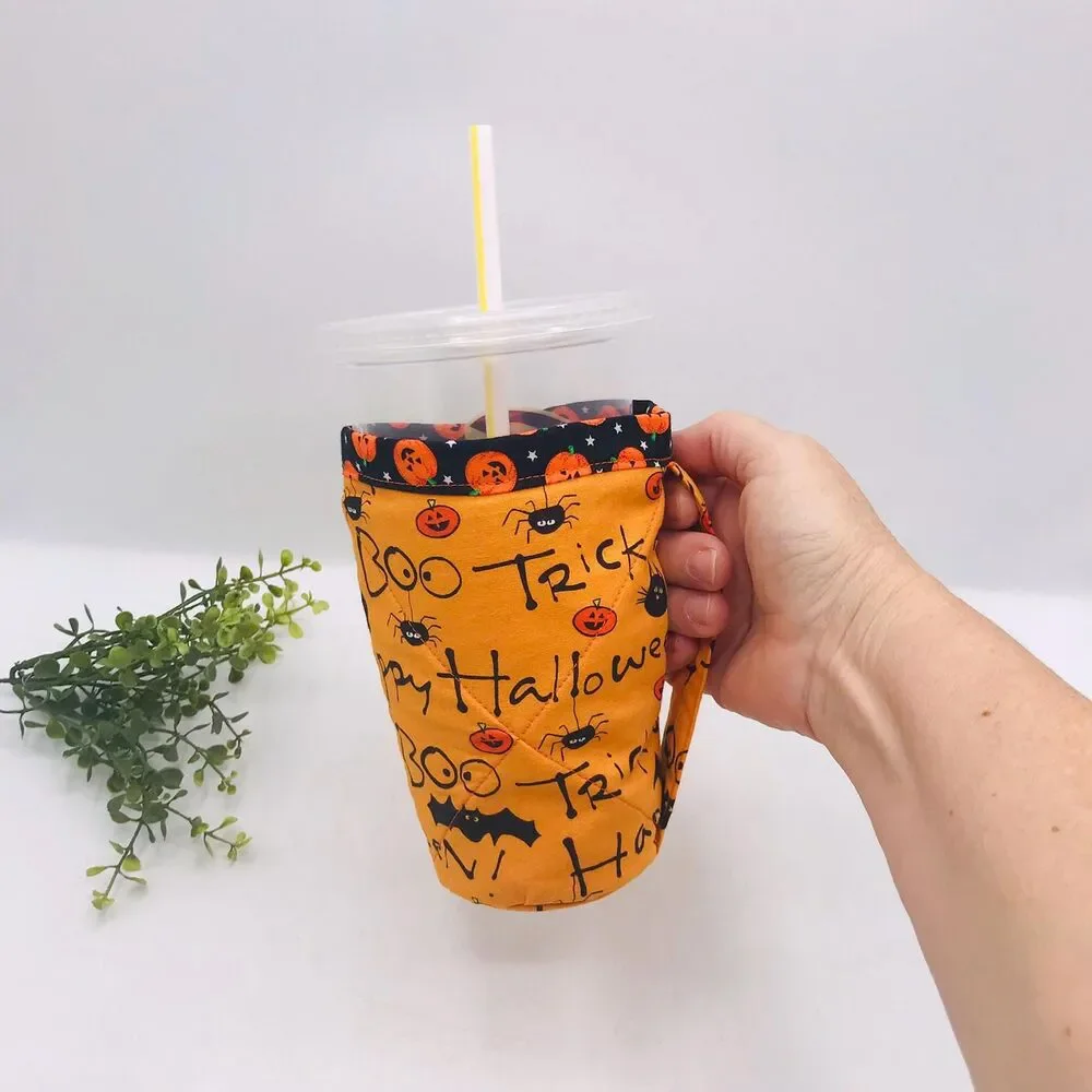 Drink Coozie w Handle Hot or Iced Drinks Cozy Insulated Halloween Orange